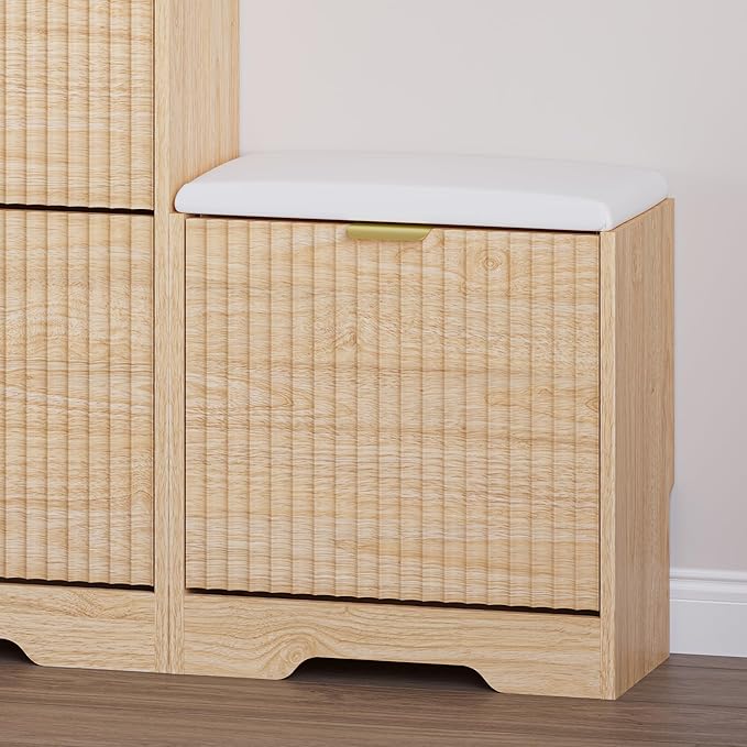 BORNOON Slim Shoe Cabinet with Bench for Entryway, Hidden Storage and Adjustable Shelves, Free Standing Wooden Shoes Organizer for Hallway, Foyer