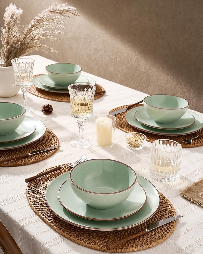 Famiware Venus Plates and Bowls Sets, 12 Pieces Stoneware Speckled Dishes Dinnerware Set for 4, Light Green - Microwave & Dishwasher Safe, Modern Minimalist, for Everyday Meals & Formal Dining