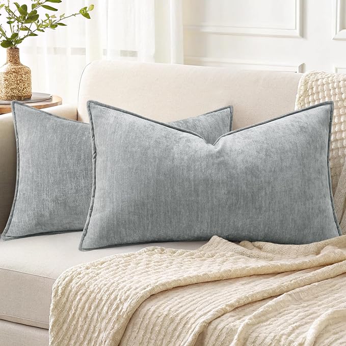 decorUhome Summer Couch Throw Pillow Covers 12x20 Set of 2, Decorative Soft Velvet Modern Cozy Chenille Lumbar Pillow Cases with Elegant Design for Sofa Bed Living Room Home Decor, Ultimate Gray