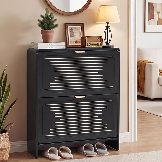 Narrow Shoe Cabinet, Wood Shoe Rack for Entryway with 2 Flip Drawers, Mid-Century Modern Slim Shoe Storage Cabinet Freestanding Hidden Shoes Organizer for Foyer, Hallway (Black, 27.56'')