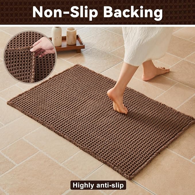 Triohero Waffle Bath Mat, Boho Bathroom Rugs Non Slip Washable, Ultra Soft Super Absorbent Quick Dry Farmhouse Bathroom Decor, 24" x 36", Mocha