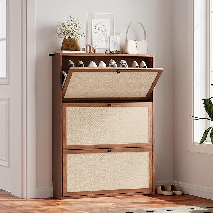 31.5" Mid-Century Slim Narrow Shoe Storage Cabinet for Entryway, Hidden 3 Tier Wood Shoe Storage Organizer with Non-Divider Flip Drawer for Hallway, Living Room,Apartment (Walnut)