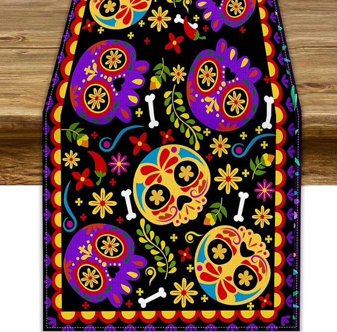 Mexican Fiesta Table Runner Decoration Skull Cinco De Mayo Dia De Los Muertos Runners Farmhouse Rustic Day of The Dead Decor Supplies for Kitchen Dining Home, 13x70 Inch Black