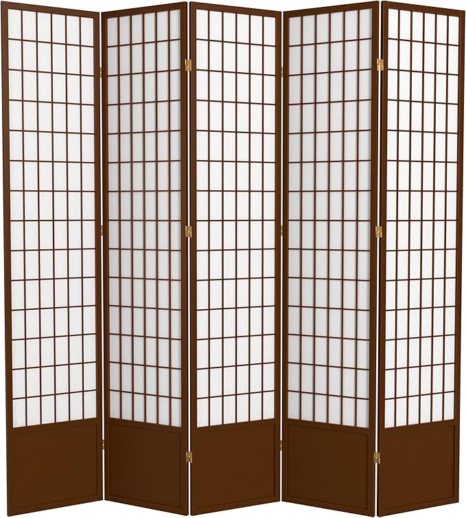 Oriental Furniture 7 ft. Tall Window Pane Shoji Screen - Walnut - 5 Panels
