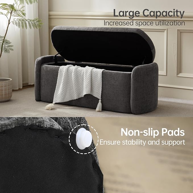 VKNOW 46" Oval Storage Ottoman Bench, Upholstered End of Bed Bench Ottomans Bench Foot Rest, Sherpa Storage Bench for Bedroom, Living Room and Hallway, Dark Grey