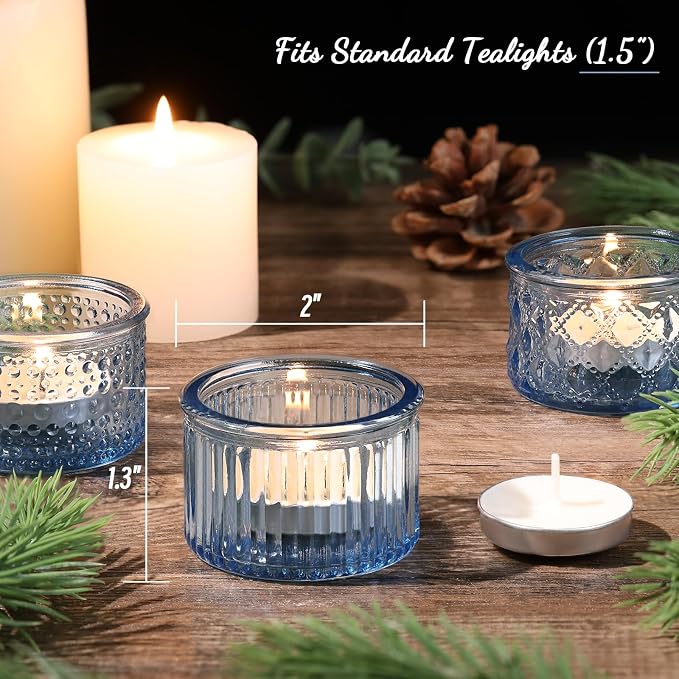 Lanttu 15 Pcs Glass Blue Tealight Candle Holders Bulk Votive Candle Holders Set Ribbed Dot Diamond Pattern Designs Vintage Candle Holders for Wedding Table Centerpiece Home Party Holiday Decor