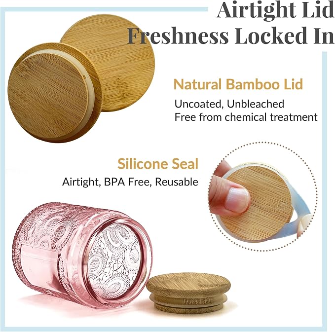 8oz Decorative Glass Jars with Airtight Bamboo Lids (Pink - 6pc), Vintage Food Storage Containers, Home Décor Candle Making Parties Wedding Baby Shower Favors Gift