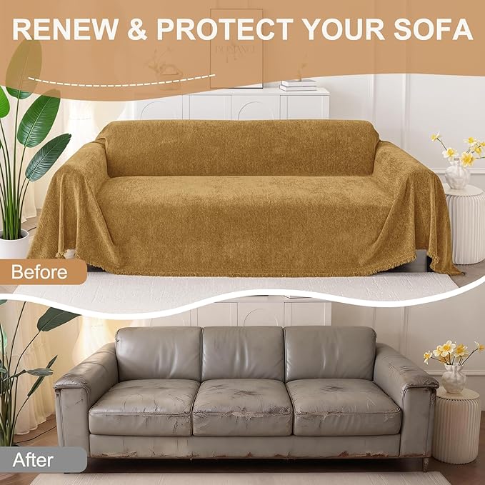 Smiry Couch Cover for Dogs, Washable Chenille Sofa Covers for 3 Cushion Couch, Soft Sofa Slipcover for Pets, Thick Sectional Furniture Protector with Tassels (Yellow, 88.5x118 Inch)