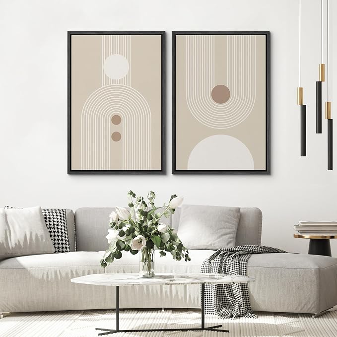 SIGNWIN Framed Canvas Print Wall Art Set Retro Nordic Geometric Pattern Abstract Shapes Cozy Neutral Modern Art Decorative Nordic Multicolor for Living Room, Bedroom, Office - 16"x24"x2 Black