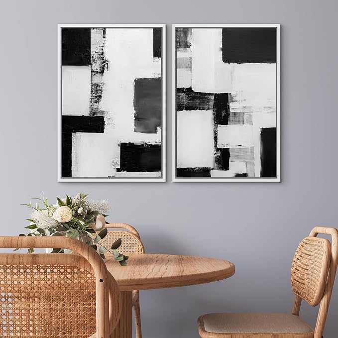 SIGNWIN Framed Canvas Print Wall Art Set Abstract Black White Minimalist Geometric Blocks Illustrations Graffiti & Street Art Modern Art for Living Room, Bedroom, Office - 24"x36"x2 WHITE