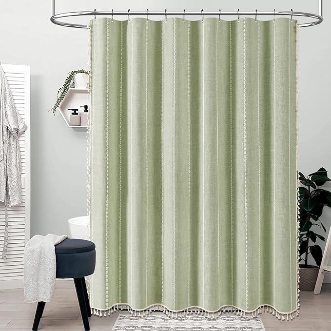 BTTN Boho Farmhouse Shower Curtain - Linen Rustic Heavy Duty Striped Fabric Shower Curtain Set, Bohemian Vintage Country Cloth Shower Curtains for Bathroom, Sage Green, 72" W x 84" L (Pack of 1)