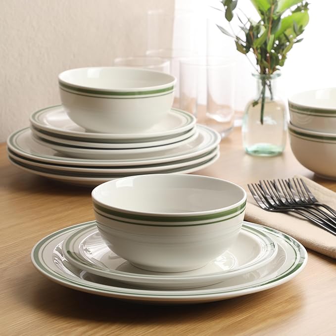 Gibson Home Hometown Diner 12-Piece Porcelain Dinnerware Set, Round Plates and Bowls Set for 4, White with Green Rim, Dishwasher Safe – Dinner Plate, Salad Plate & Cereal Bowl