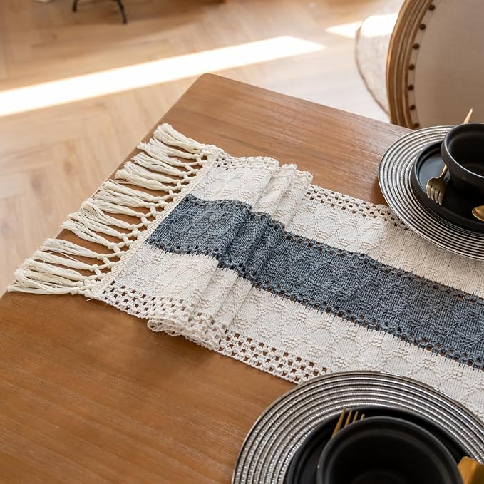 EMMTEEY Boho Table Runner with Tassels- Scratch & Heat Resistant, 36 Inches Long Table Runner Cotton Linen Macrame Handmade for Dining Table/Wedding Décor (12"X36", Stone Blue)