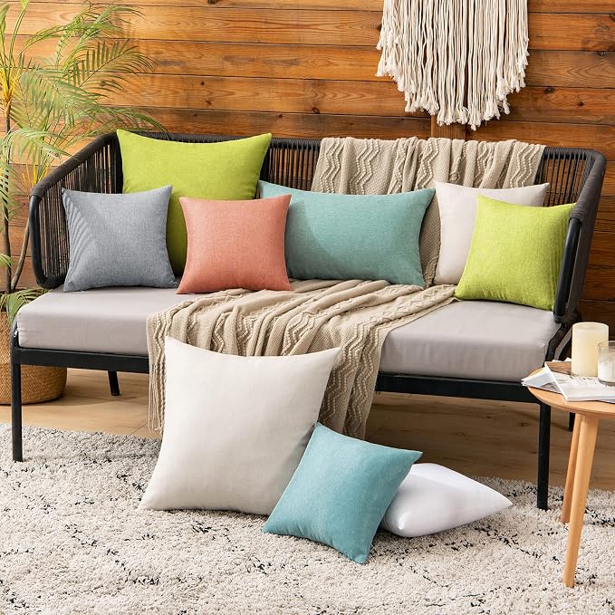 MIULEE Pack of 2 Decorative Outdoor Solid Waterproof Throw Pillow Covers Faux Linen Garden Farmhouse Coastal Cushion Cases for Summer Patio Tent Balcony Couch Sofa 12x12 Inch Turquoise