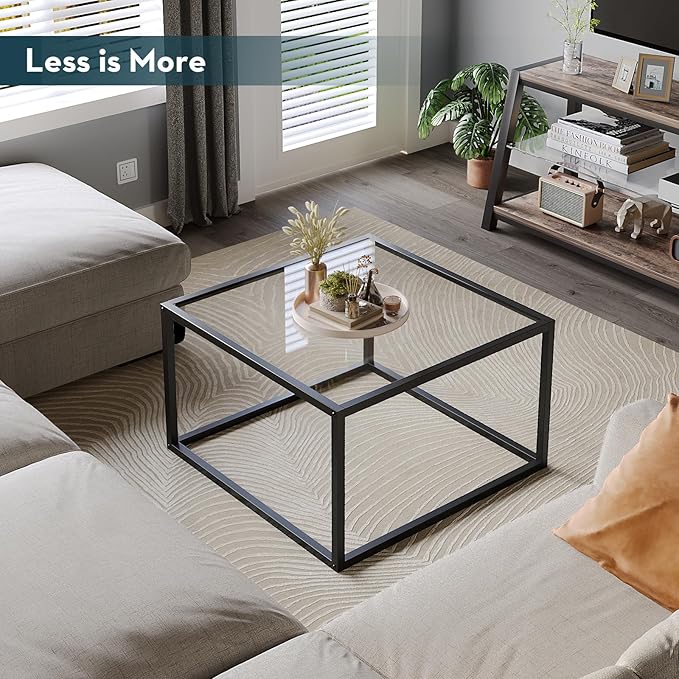 SAYGOER Glass Coffee Table Small Square Coffee Tables for Living Room, 26.7 inch Modern Center Table for Office Apartment, 5 MM Tempered Clear Glass Top, Black Metal Frame