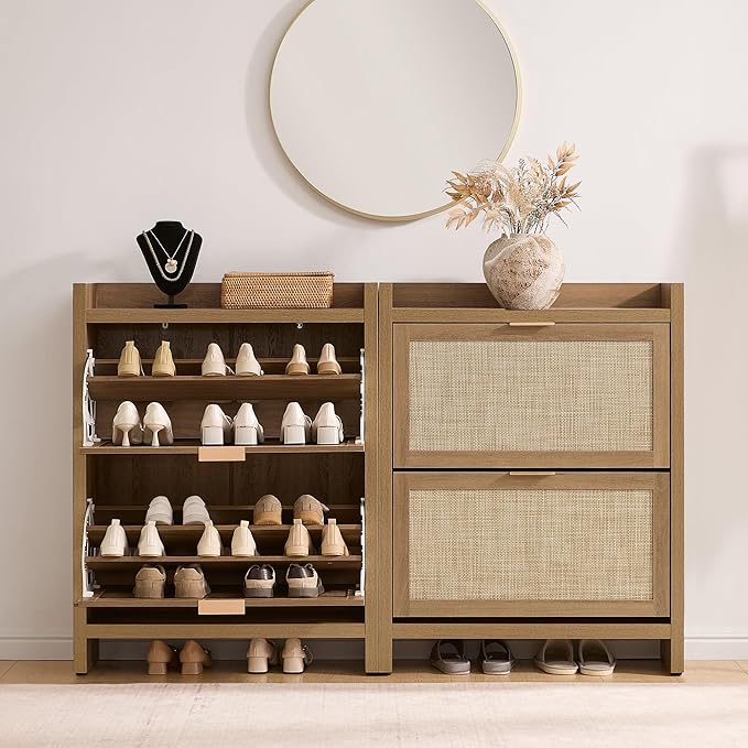 SICOTAS Rattan Shoe Storage Cabinet with 4 Flip Drawer - 11.6" Deep Freestanding Shoe Organizer with 6 Shelves for 40 Pair Shoes, Boho Large Shoe Rack Cabinet for Entryway Hallway Foyer, Oak, 2PCS