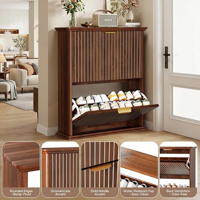 Walnut Slim Shoe Storage Cabinet with Fluted Doors,31.5" Modern Hidden Shoe Rack with 2 Flip Drawers,Rounded Corners,Wall-Mounted or Floor Shoe Organizer
