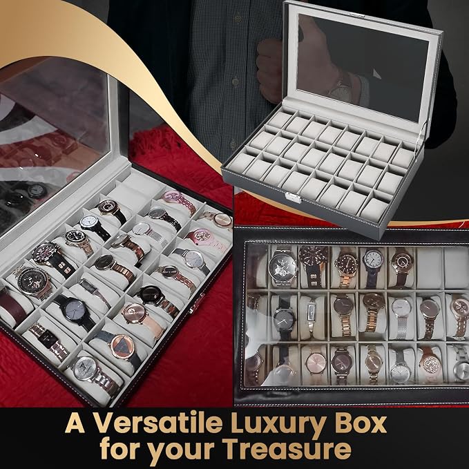 Watch Box 24 Slot Elegant Portable Black Watch Collection Box Case jewelry Men & Women (Grey)