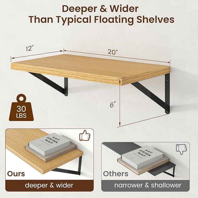 Axeman Deep Floating Shelves - 20 Inch Floating Shelves Set of 2-12 Inch Deep Oak Wall Shelves for Living Room Bathroom Kitchen