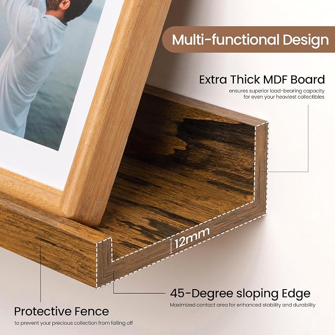 Fun Memories Picture Ledge Shelf, 48 Inch Floating Shelves Set of 2, Large Nursery Book Shelves for Storage, Bookshelf Wall Mounted for Wall Decor Books Photo Frames, Rustic Brown