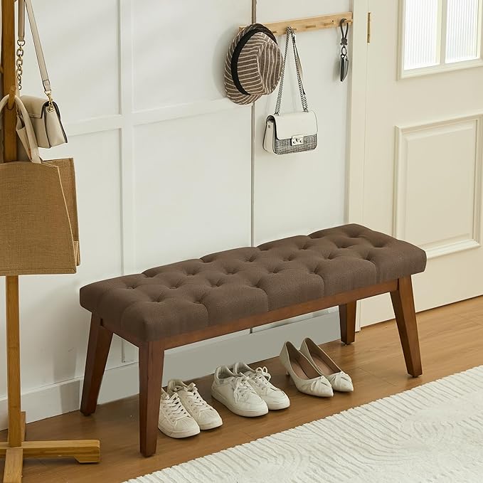 WUTUTUEE 43.5'' Linen Bedroom Bench, Upholstered End of Bed Bench with Tufted Button, Padded Vintage Dining Bench, Entryway Bench with Solid Wood Legs, Kitchen, Living Room, Hallway, Brown Tufted