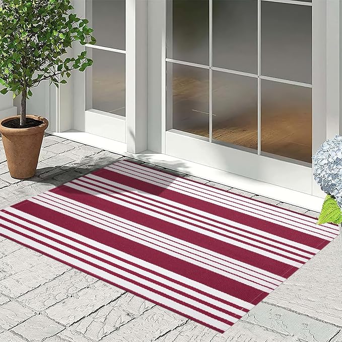 Red and White Striped Outdoor Rug 24'' x 35'' Door Mat Outdoor Machine Washable Welcome Mats Cotton Hand-Woven Entryway Rug for Front Porch/Entryway/Laundry/Bathroom/Bedroom