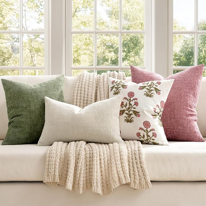 MIULEE Decorative Throw Pillow Covers 18x18 Pack of 2 Sage Green Spring Couch Pillow Covers Soft Cozy Textured Chenille Pillowcases for Home Decor Sofa Living Room Cushion Bedroom