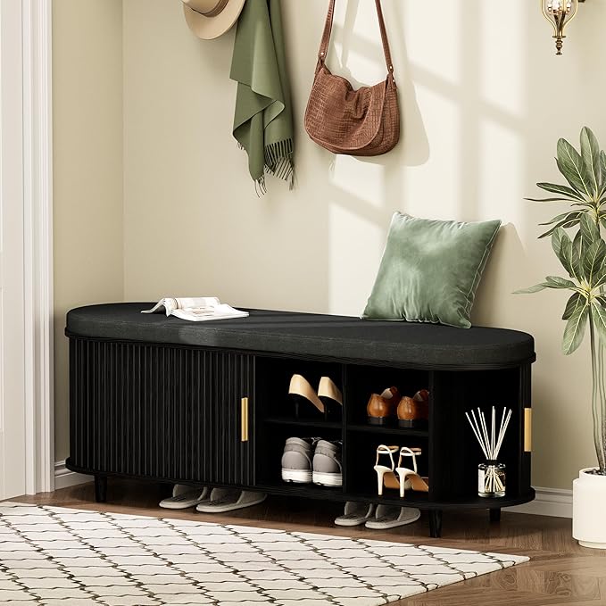 DHH 2-Tier Storage Bench,Wide Shoe Bench with Thickened Padded Seat Cushion, Mid Century Modern Fluted Sliding Door and Adjustable Shelf, for Entryway, Living Room, Bedroom (Black, 51.2”)
