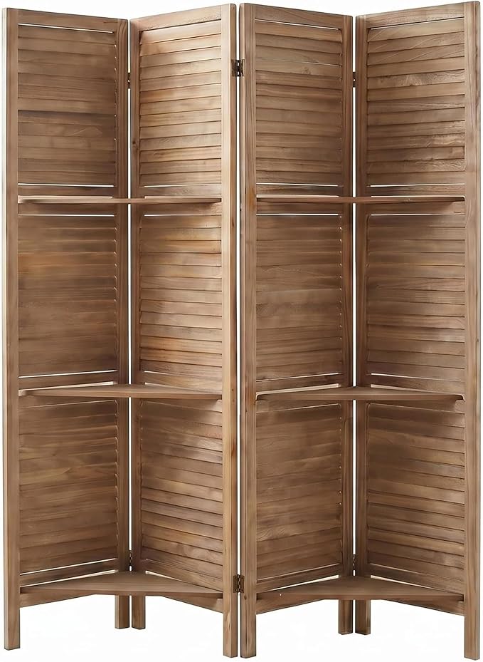 Bluecat 4 Panel Room Divider with Shelves,64" W x 67" H Foldable Privacy Screen, Freestanding Solid Wood Partition Wall for Home Office Bedroom, No Assembly Required,Dark Brown