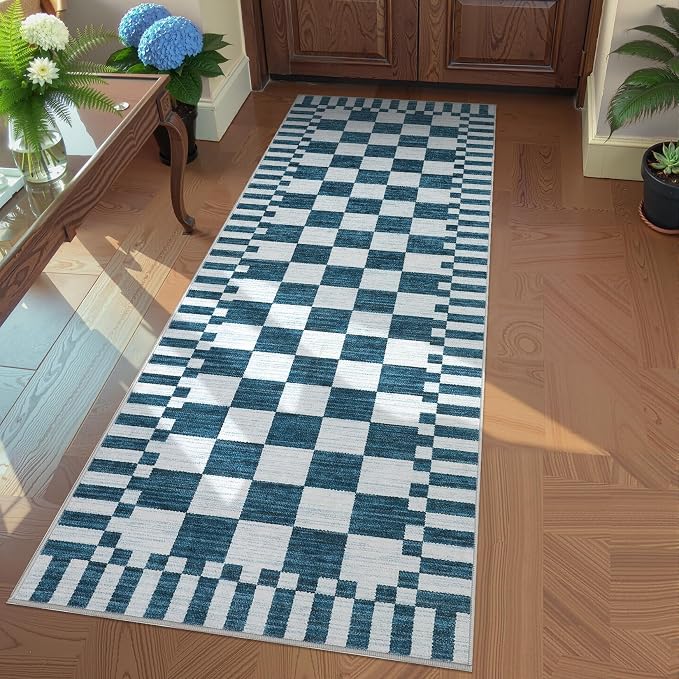 GarveeHome 2×6 Kitchen Runner Rug Non Slip,Blue and White Checkered Rug, Washable Runner Rug for Hallway Soft Low-Pile Geometric Modern Rugs for Entryway