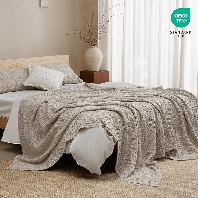 PHF 100% Cotton Waffle Weave Blanket King Size for Bed, Soft Lightweight & Breathable for Spring and Summer, All-Season Comfort, Luxury Aesthetic Blanket for Home Decor, 108"x90", Pearl Gray