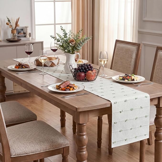 Artoid Mode Sage Green Boho Farmhouse Cotton Woven Table Runner, Seasonal Spring Summer Kitchen Dining Table Decoration for Home Party Decor 12x60 Inch