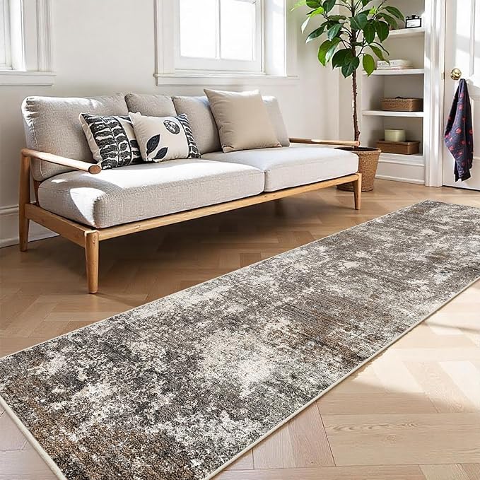 2x10 Washable Hallway Runner Rug – Non-Slip Stain-Resistant Low-Pile Long Carpet Runner for Kitchen Entryway Living Room Bedroom Bathroom, Modern Abstract Neutral (Brown Beige,2x10)
