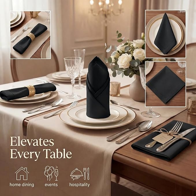 Urban Villa Cloth Napkins 100% Cotton Highly Absorbent Washable Reusable Premium Dinner Napkins Ideal for Gifts for Mothers Day Hotel Farmhouse Parties - Black - Hemstitch (20" x 20", Set of 12)