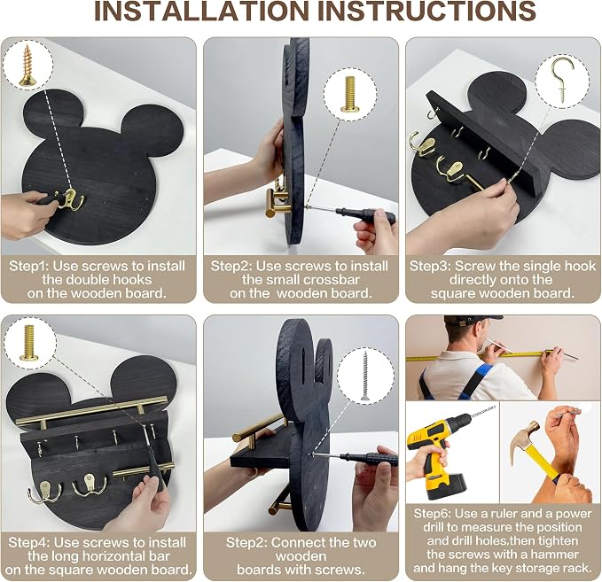 AIRPOP Key Holder for Wall–Mouse Wooden Mail Organizer Wall Mount with Shelf and 6 Hooks, Easy Installation Key Rack Hanger for Entryway Living Room Home Decor (Brown)