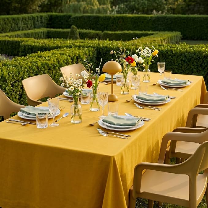 Solino Home Linen Tablecloth 60 x 120 Inch - 100% Pure Linen Mustard Yellow Table Cloth for Rectangle Tables - Fete, Machine Washable Tablecloth for Summer