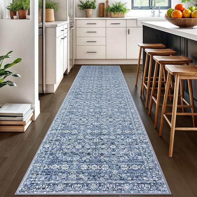 SIILOOM 3x10 Washable Runner Rug for Kitchen, Blue Soft Classic Runner with Non-Slip, Non-Shedding Distressed Floral Rug for Hallways Entryway Bedroom Bathroom Laundry Indoor