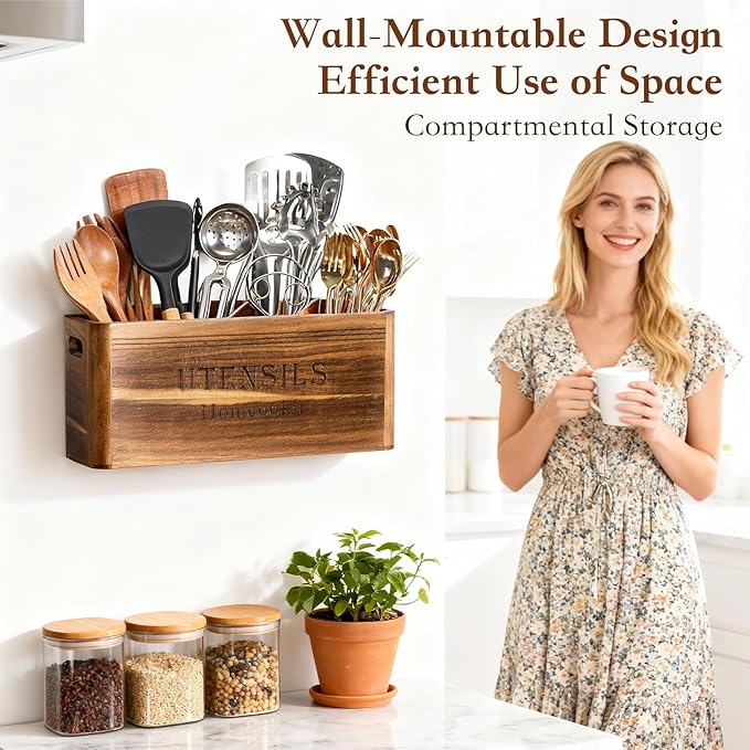 Utensil Holder for Kitchen Countertop, Extra Large Acacia Wood Organizer, 4-Compartment Storage for Cooking Tools, Farmhouse-Style Cutlery Holder