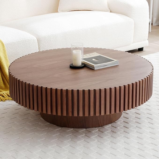 Round Coffee Table, 39.37" Coffee Table, Wood Coffee Table for Living Room, Handcrafted Relief Carving, Easy Assembly, Walnut