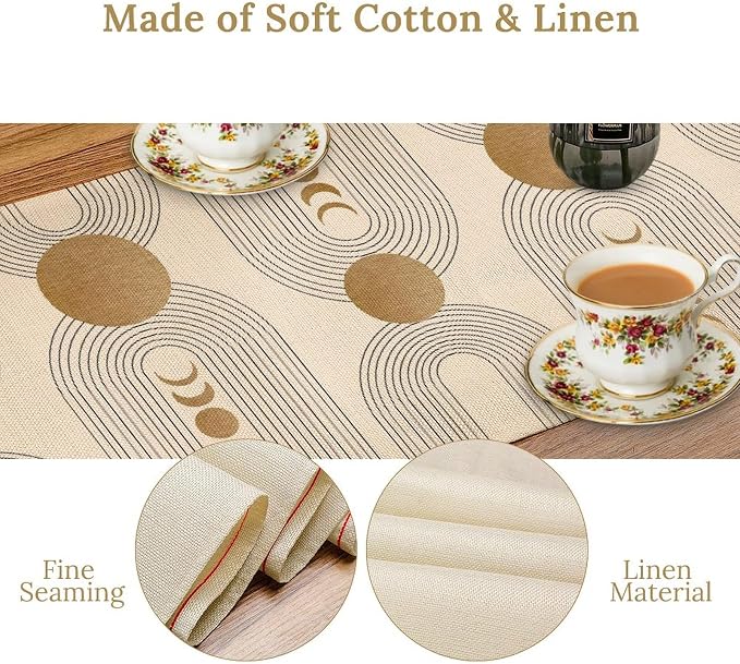 YCness Boho Table Runner Mid Century Modern Style Abstract Geometrical Gold Round Sun Moon Table Runner for Party Dining Living Room Kitchen Home, 13x60 Inch