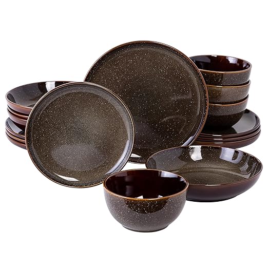 Gibson Elite Edwina 16-Piece Double Bowl Dinnerware Set, Service for 4 – Dark Green Stoneware Plates and Bowls