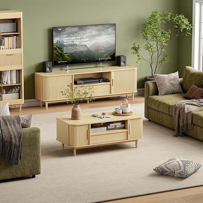 IRONCK 47.2" Modern Coffee Table with Storage, Wooden Coffee Tables with Drawers and Sliding Door, Fluted Center Table for Living Room Office, Oak