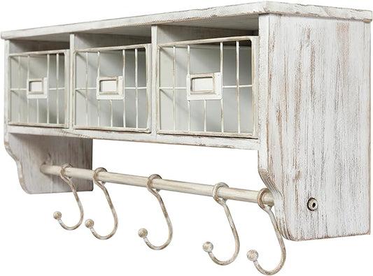 BizChair Wall Mounted Storage Rack - Whitewashed Solid Pine Wood - 24 Inch - Upper Shelf - 5 Hooks - Wire Baskets - For Entryway, Kitchen, Bathroom