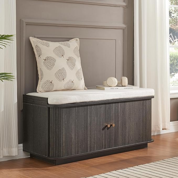 Hall Tree with Bench and Shoe Storage, Entryway Bench with Sliding Door Cabinet, Removable Padded, Metal Wall Hooks and Adjustable Storage Compartments, for Entry, Hallway, Living Room, Dark Grey