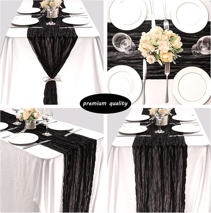 12 Pack Boho Gauze Table Runner 35x72 Inch - Rustic Cheese Cloth Long Table Runner for Wedding, Bridal Shower, Birthday Party Decor (Black)