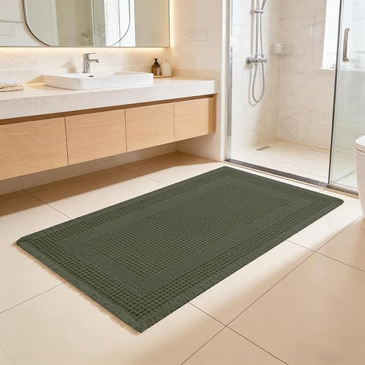 Waffle Bath Mat Non Slip, Boho Bathroom Rug, Super Absorbent Quick Dry Bathroom Mat, Soft Farmhouse Bath Rug with Tassels, Small Washable Shower Mats for Floor 24"x36", Square Olive Green