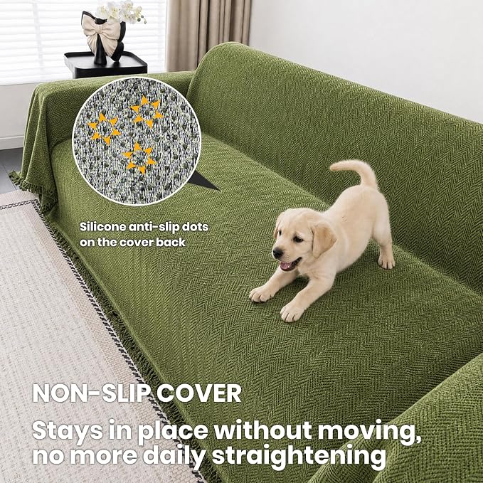 Chenille Couch Cover for Sofa Non Slip Cover Washable Pet Scratch Couch Covers Tassel Sofa Slipcover for 2 Cushion Couch Furniture Protector Blanket for Living Room,Green 71"x102"