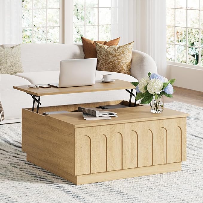 FORTUNETEC Lift Top Coffee Table with Storage, Modern Coffee Table with Arched Design, 31.5" Square Tea Table with Wood Grain, Boho Multifunctional Center Table for Living Room, Office, Oak