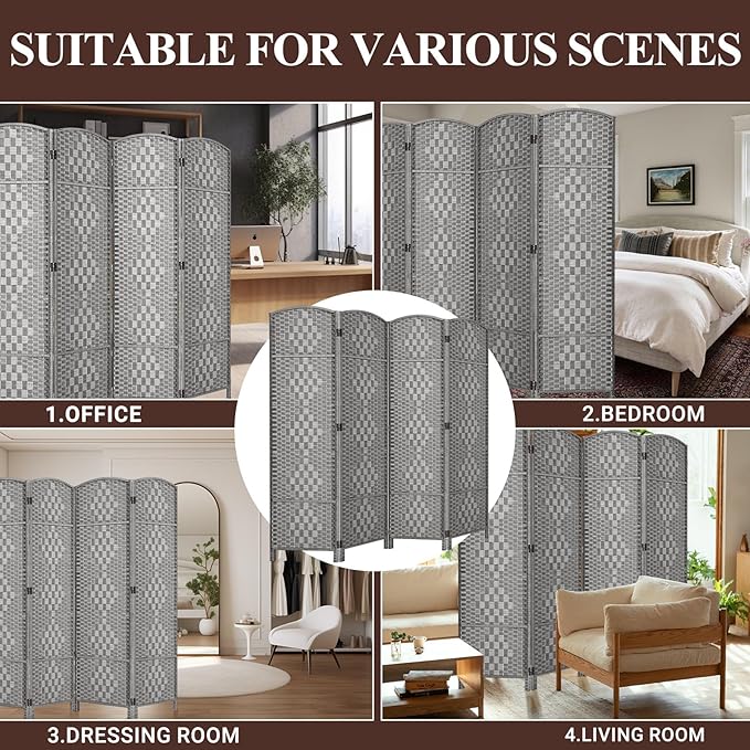 HALLYBEE Room Divider, Room Dividers and Folding Privacy Screens, 16in Privacy Screen, 4 Panel Temporary Wall Partitions, 6ft Space Separation Panel Screen, Grey