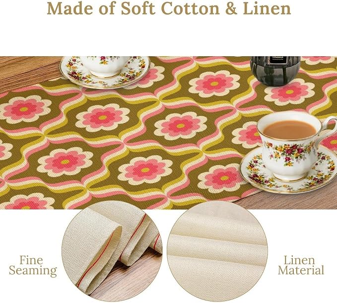 Retro Geometric Flower Table Runner Vintage Abstract Groovy Hippie Seasonal Spring Mid Century Farmhouse Country Dinner Runner for Home Kitchen Dining Table Party Holiday Decor 13"x60"